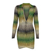 Hawthaw Women Autumn Long Sleeve V Neck Printed Gradient Bodycon Green Mini Dress 2023 Fall Clothes  Items