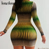 Hawthaw Women Autumn Long Sleeve V Neck Printed Gradient Bodycon Green Mini Dress 2023 Fall Clothes  Items
