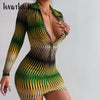 Hawthaw Women Autumn Long Sleeve V Neck Printed Gradient Bodycon Green Mini Dress 2023 Fall Clothes  Items