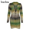 Hawthaw Women Autumn Long Sleeve V Neck Printed Gradient Bodycon Green Mini Dress 2023 Fall Clothes  Items