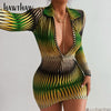 Hawthaw Women Autumn Long Sleeve V Neck Printed Gradient Bodycon Green Mini Dress 2023 Fall Clothes  Items