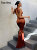 Hawthaw Women Elegant Autumn Winter Halter Party Evening Bodycon Stain Green Long Dress 2023 Fall Clothes  Items