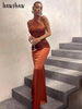 Hawthaw Women Elegant Autumn Winter Halter Party Evening Bodycon Stain Green Long Dress 2023 Fall Clothes  Items