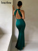 Hawthaw Women Elegant Autumn Winter Halter Party Evening Bodycon Stain Green Long Dress 2023 Fall Clothes  Items