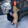 Hawthaw Women Autumn Long Sleeve Gradient See Through Bodycon Printed Green Long Dress 2022 Fall Clothes  Items