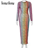 Hawthaw Women Autumn Long Sleeve Gradient See Through Bodycon Printed Green Long Dress 2022 Fall Clothes  Items