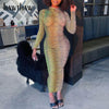 Hawthaw Women Autumn Long Sleeve Gradient See Through Bodycon Printed Green Long Dress 2022 Fall Clothes  Items