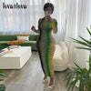 Hawthaw Women Autumn Long Sleeve Gradient See Through Bodycon Printed Green Long Dress 2022 Fall Clothes  Items
