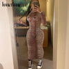 Hawthaw Women Autumn Long Sleeve Gradient See Through Bodycon Printed Green Long Dress 2022 Fall Clothes  Items