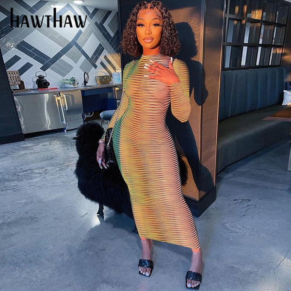 Hawthaw Women Autumn Long Sleeve Gradient See Through Bodycon Printed Green Long Dress 2022 Fall Clothes  Items