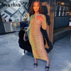 Hawthaw Women Autumn Long Sleeve Gradient See Through Bodycon Printed Green Long Dress 2022 Fall Clothes  Items