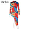 Hawthaw Women Autumn Long Sleeve Printed Bodycon Irregular Red Midi Dress 2022 Fall Female  Clothes Streetwear