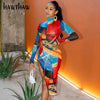 Hawthaw Women Autumn Long Sleeve Printed Bodycon Irregular Red Midi Dress 2022 Fall Female  Clothes Streetwear