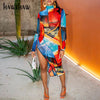Hawthaw Women Autumn Long Sleeve Printed Bodycon Irregular Red Midi Dress 2022 Fall Female  Clothes Streetwear