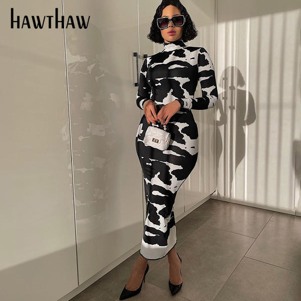 Hawthaw Women Autumn Long Sleeve Printed Bodycon Pencil Long Dress Streetwear 2022 Fall Clothes  Items