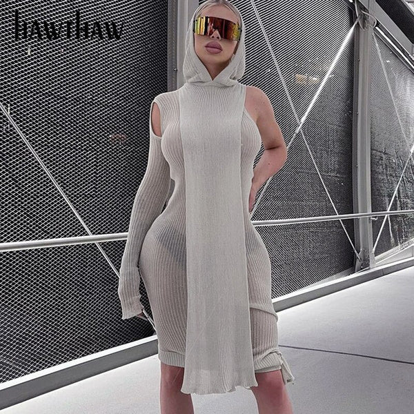 Hawthaw Women Autumn One Shoulder Bodycon Hooded Streetwear Midi Dress 2022 Fall Clothes  Items