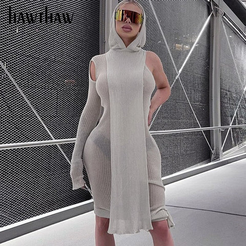 Hawthaw Women Autumn One Shoulder Bodycon Hooded Streetwear Midi Dress 2022 Fall Clothes  Items