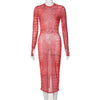 Hawthaw Women Autumn Winter Long Sleeve Mesh See Through Bodycon Red Midi Pencil Dress 2022 Fall Clothes  Items