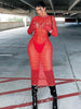 Hawthaw Women Autumn Winter Long Sleeve Mesh See Through Bodycon Red Midi Pencil Dress 2022 Fall Clothes  Items