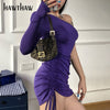 Hawthaw Women Long Sleeve Off Shoulder Bodycon Slim Pleated Purple Package Hip Mini Short Dress 2022 Fall Clothes Autumn