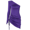 Hawthaw Women Long Sleeve Off Shoulder Bodycon Slim Pleated Purple Package Hip Mini Short Dress 2022 Fall Clothes Autumn