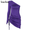 Hawthaw Women Long Sleeve Off Shoulder Bodycon Slim Pleated Purple Package Hip Mini Short Dress 2022 Fall Clothes Autumn