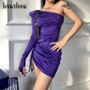 Hawthaw Women Long Sleeve Off Shoulder Bodycon Slim Pleated Purple Package Hip Mini Short Dress 2022 Fall Clothes Autumn