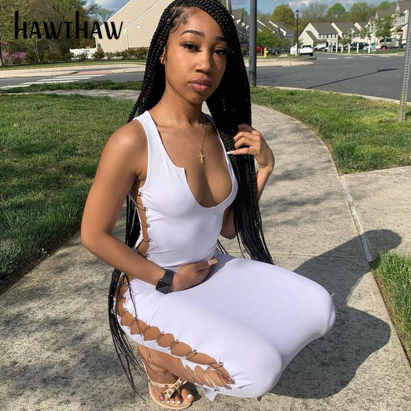 Hawthaw Women Summer Sleeveless V Neck Hollow Out Soild Color Bodycon Pencil Dress Sundress 2022 Female Clothing Streetwear