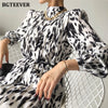 BGTEEVER 2023 Spring Stand Collar Women Full Sleeve Dress Elegant Hit Color Female Lace-up Printed Midi Dress Vestidos