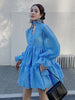VGH Korean Patchwork Bowknot Dress For Women V Neck Long Sleeve Solid Casual Loose Mini Dresses Female 2023 Clothing New