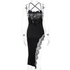 Sexy Spaghetti Straps Satin Midi Dress Women Backless Lace Slit Party Evening Bodycon Slip Long Dresses 2023 Summer Black White
