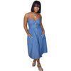 CM.YAYA Summer Women Solid Strap Denim O-neck Sleeveless Pocket Midi Dress Vintage Beach High Street Bodycon Long Dresses 1092