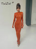 TiulZial Basic Orange Maxi Bodycon Dress Autumn Summer Long Sleeve Pleated Dress 2023 Plisse Casual Dresses Women