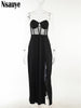 Nsauye 2023 Patchwork Women Off Shoulder Black Split Party Long Dress Sexy Backless Elegant Evening Bodycon Maxi Dresses