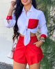 2023 Women Spring Summer Colorblock Tie Front Top & Shorts Set Turn-down Collar Pockets Long Sleeve Casual Blouse
