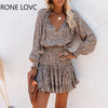Women V-Neck Cheetah Ruffles Long Sleeve Dress Leopard Print Dress  Elegant Chic Dress