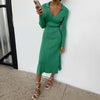 Elastic Slim Lady Solid Party Dress Sexy V Neck Elegant Long Sleeve Rib Knitted Dress 2023 Women Side Split Long Dress