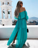 Bohemian Long Dress Women Off Shoulder Chiffon Dress Lace-up Solid Color Ruffle Beachwear Blue/Orange