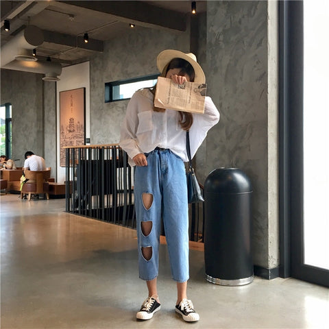 Heart Holes Harajuku Women Jeans 2022 Spring New Fashion Ripped Denim Pants Clothes Ankle-length Casual Loose Trousers