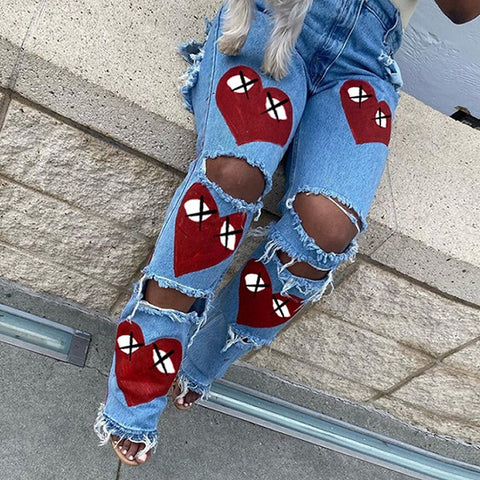 Heart Print Denim Cut Out Distressed Jeans For Women Baddie Clothes Streetwear High Waist Baggy Pants in Blue Fashion