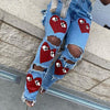 Heart Print Denim Cut Out Distressed Jeans For Women Baddie Clothes Streetwear High Waist Baggy Pants in Blue Fashion