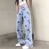 Heart Printing Jeans Women's Summer Fat Sister 2022 Large Size High Waist Loose Straight-Leg Wide-Leg Pants Fashion
