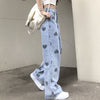 Heart Printing Jeans Women's Summer Fat Sister 2022 Large Size High Waist Loose Straight-Leg Wide-Leg Pants Fashion