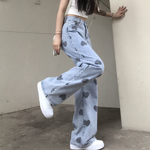 Heart Printing Jeans Women's Summer Fat Sister 2022 Large Size High Waist Loose Straight-Leg Wide-Leg Pants Fashion