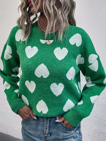 Heart Winter Pullover Women Casual O-Neck Knitted Sweater Loose Elegant  Long Sleeves Knitwear Female Green Warm Jumper