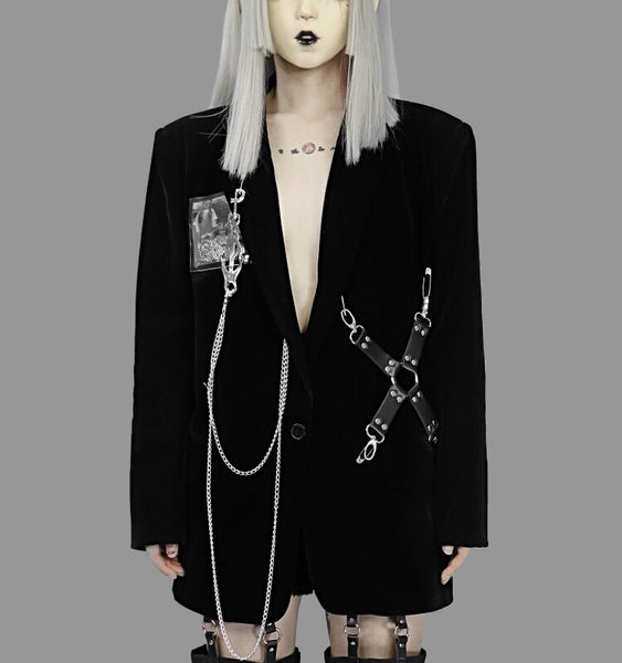 Heavy Punk Black Blazer Women PU Leather Metal Chain Cross Gear Shoulder pads Gothic Velour Jacket Autumn
