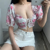 2023 Summer Lady Red Floral Lace Puff Sleeves Print Exposed Belly Button Sexy Short Short Sleeve Top Shirt Blouse NQIX