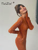 TiulZial Basic Orange Maxi Bodycon Dress Autumn Summer Long Sleeve Pleated Dress 2023 Plisse Casual Dresses Women