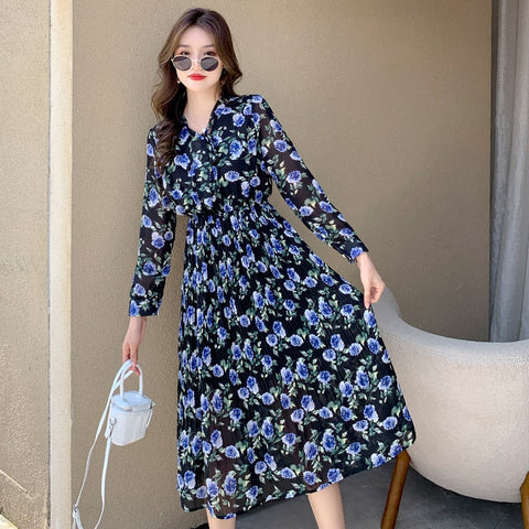 Hebe&Eos Autumn Elegant Chiffon Dress 2022 Vintage Floral Print Boho Dress Woman Long Sleeves Pleated Midi Dresses Vestidos