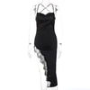 Sexy Spaghetti Straps Satin Midi Dress Women Backless Lace Slit Party Evening Bodycon Slip Long Dresses 2023 Summer Black White